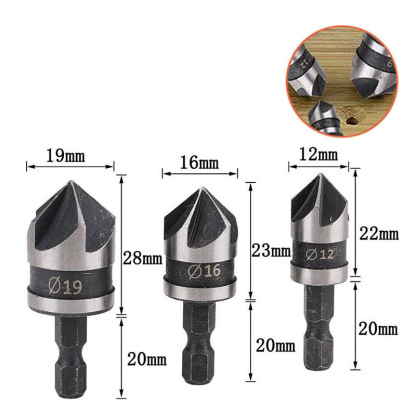 5-Flute 90° Countersink Drill Bit Set - High Carbon Steel Hex/Round Shank Wood Chamfer Tool (12/16/19mm) 3-Piece Kit