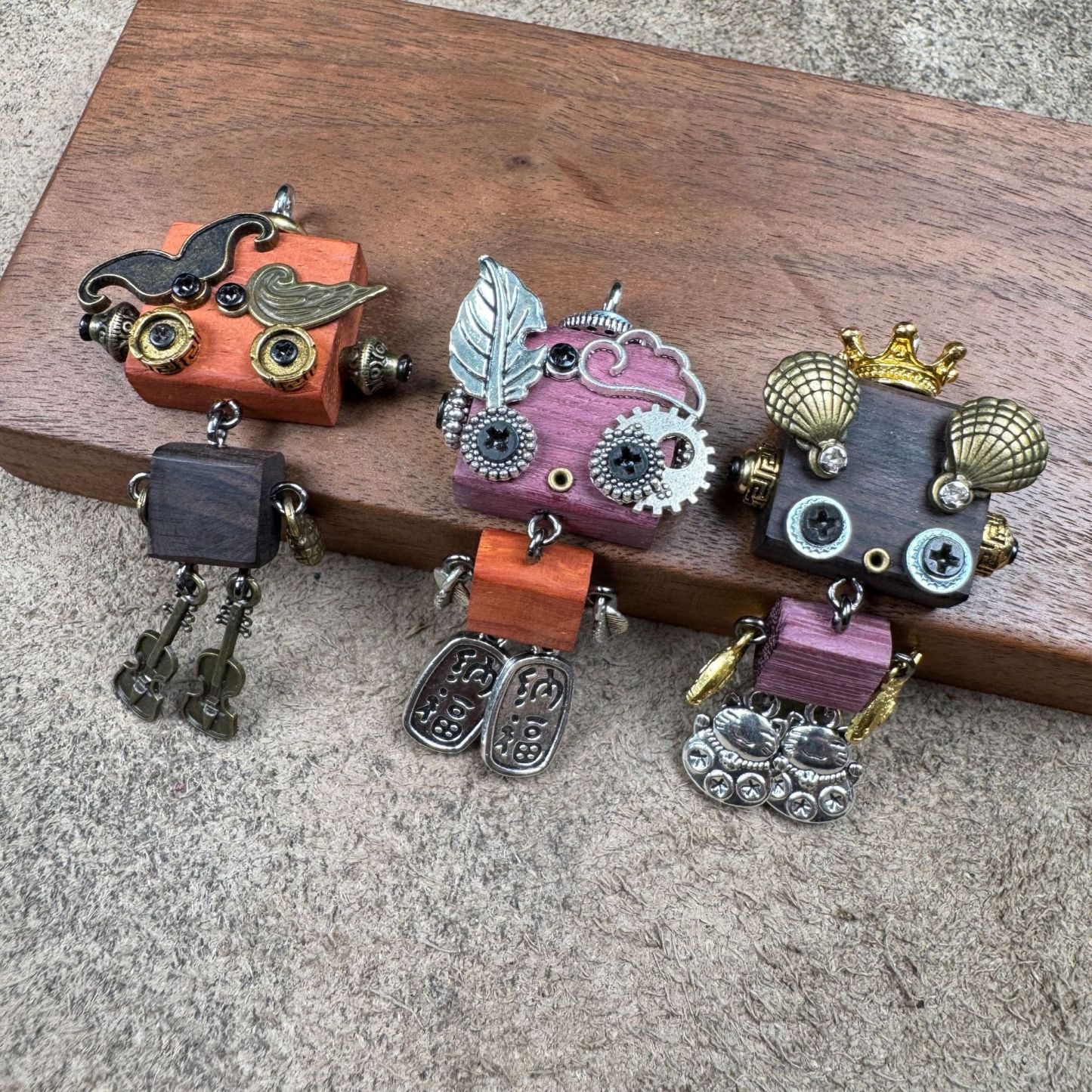 Handmade Wood & Punk Robot Charm - Your Perfect Daily Companion as a Necklace Pendant or Keychain, Unisex Artisan Piece