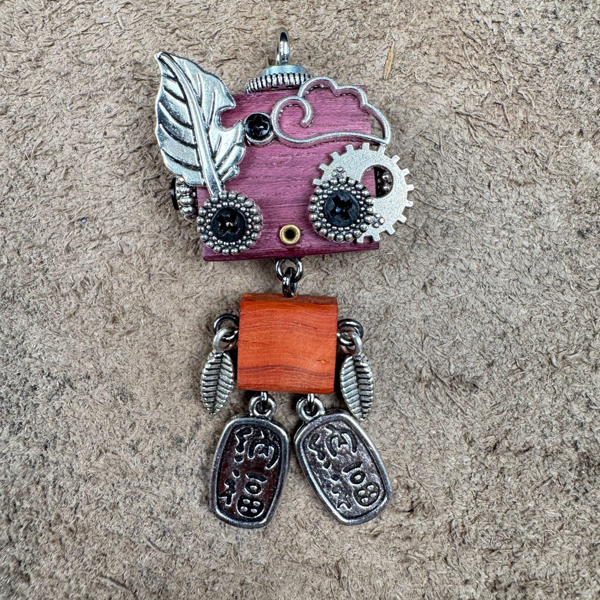 Handmade Wood & Punk Robot Charm - Your Perfect Daily Companion as a Necklace Pendant or Keychain, Unisex Artisan Piece