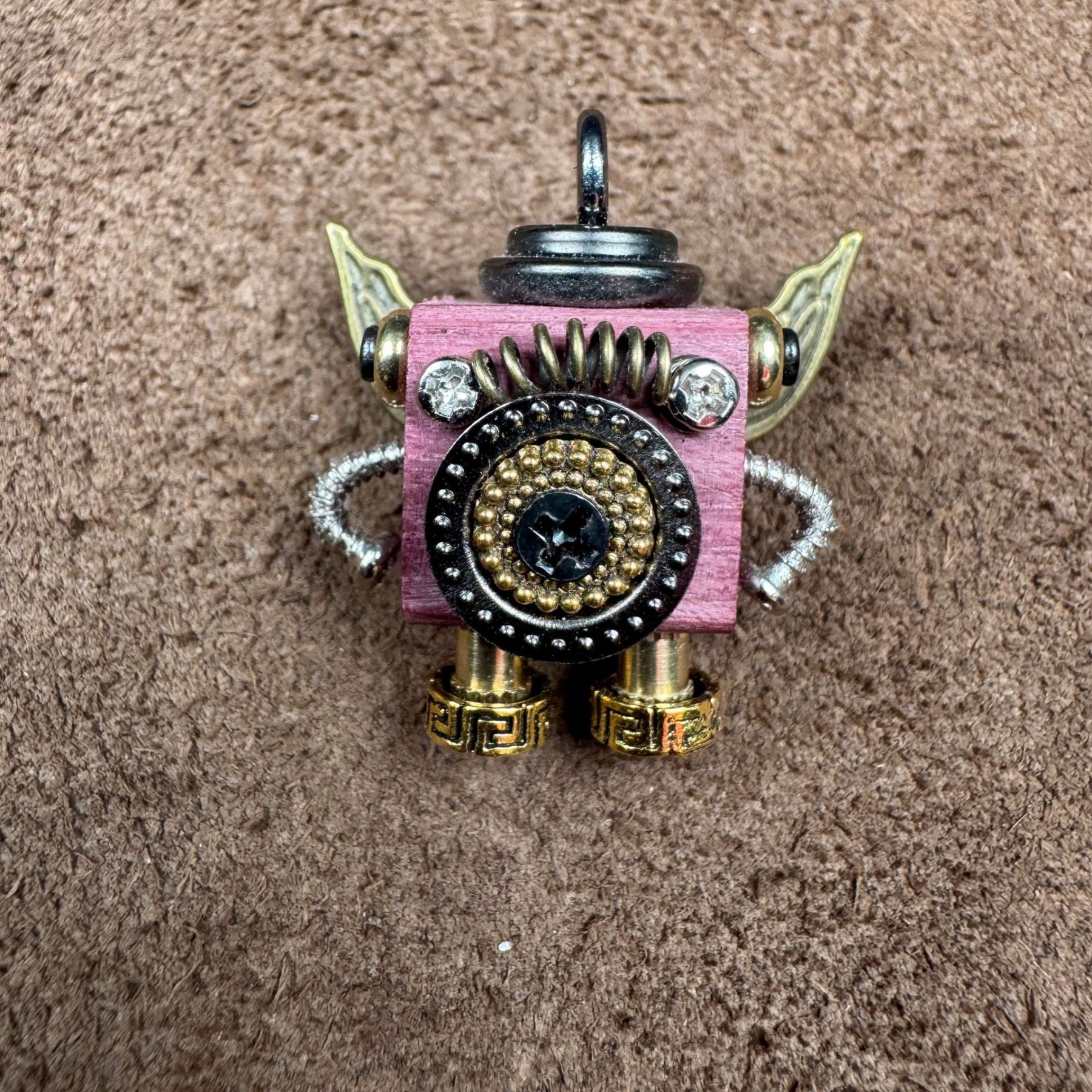 Handmade Steampunk Robot Pendant - Redwood Keychain, Phone Charm & Adjustable Unisex Necklace | Unique Gift