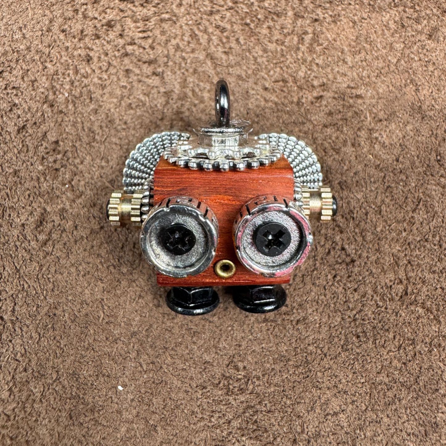 Handmade Steampunk Robot Pendant - Redwood Keychain, Phone Charm & Adjustable Unisex Necklace | Unique Gift