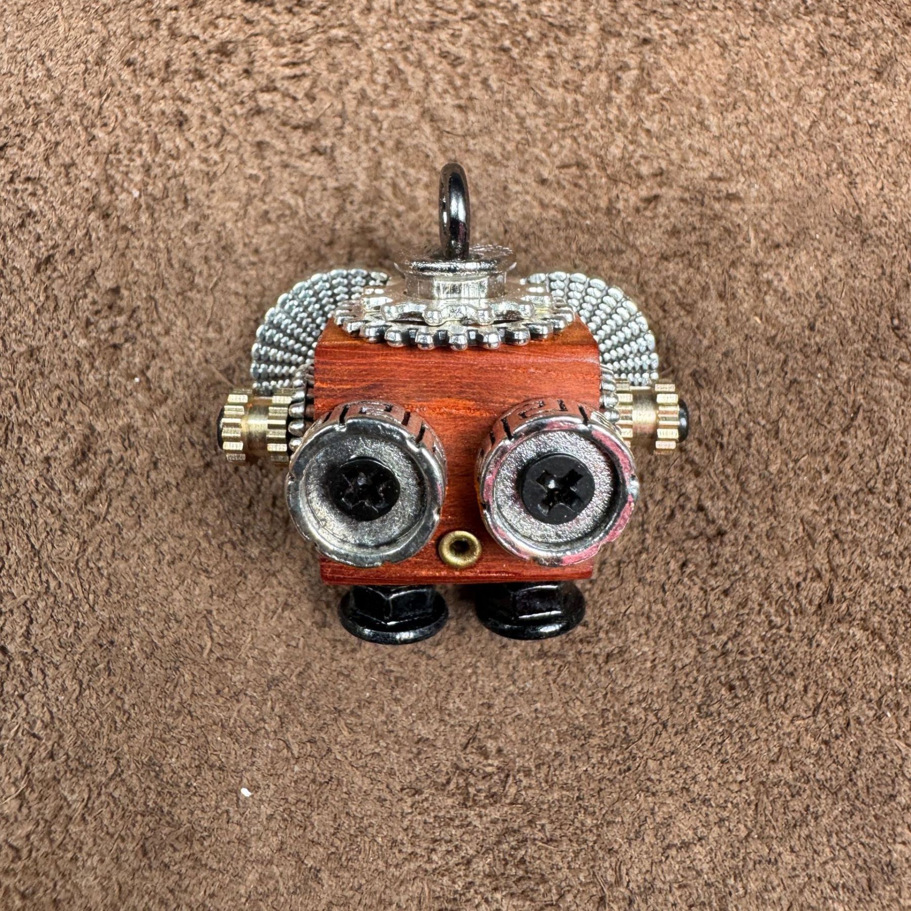 Handmade Steampunk Robot Pendant - Redwood Keychain, Phone Charm & Adjustable Unisex Necklace | Unique Gift