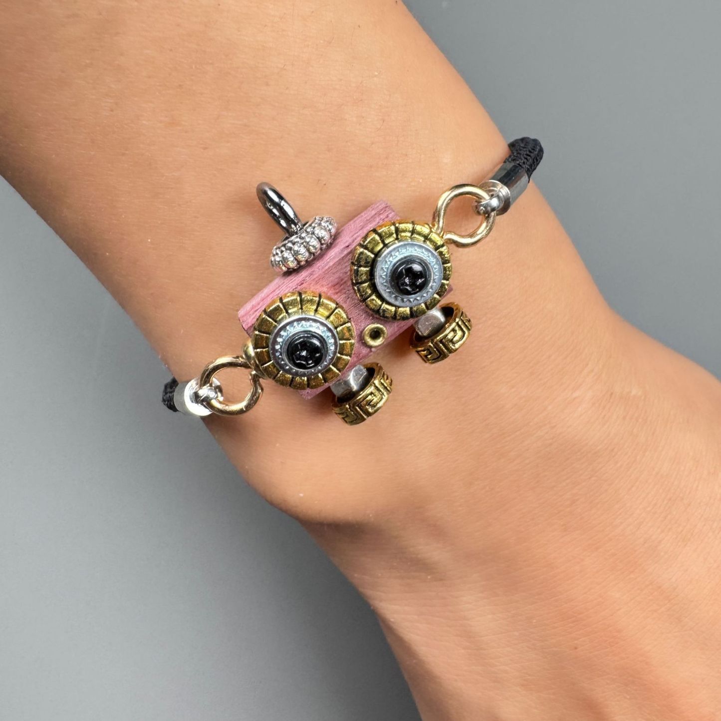 Handcrafted Punk Robot Bracelet - Macrame Woven Beaded Cord, Steampunk Unisex Cuff for Men & Women | Edgy Boho Accessory