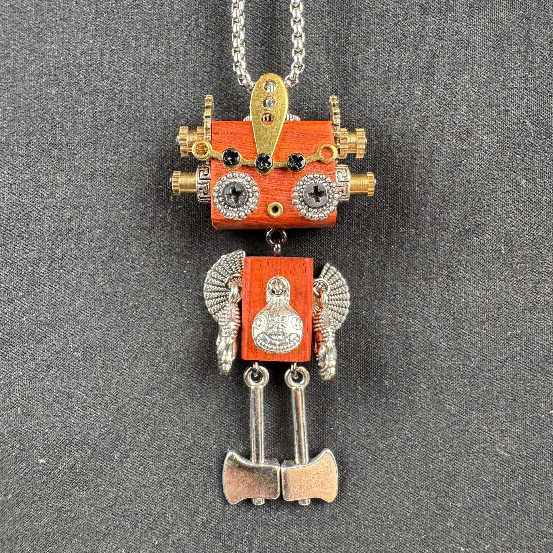 Handmade Punk Robot Pendant - Unique Wooden Necklace Charm & Keychain for Men and Women