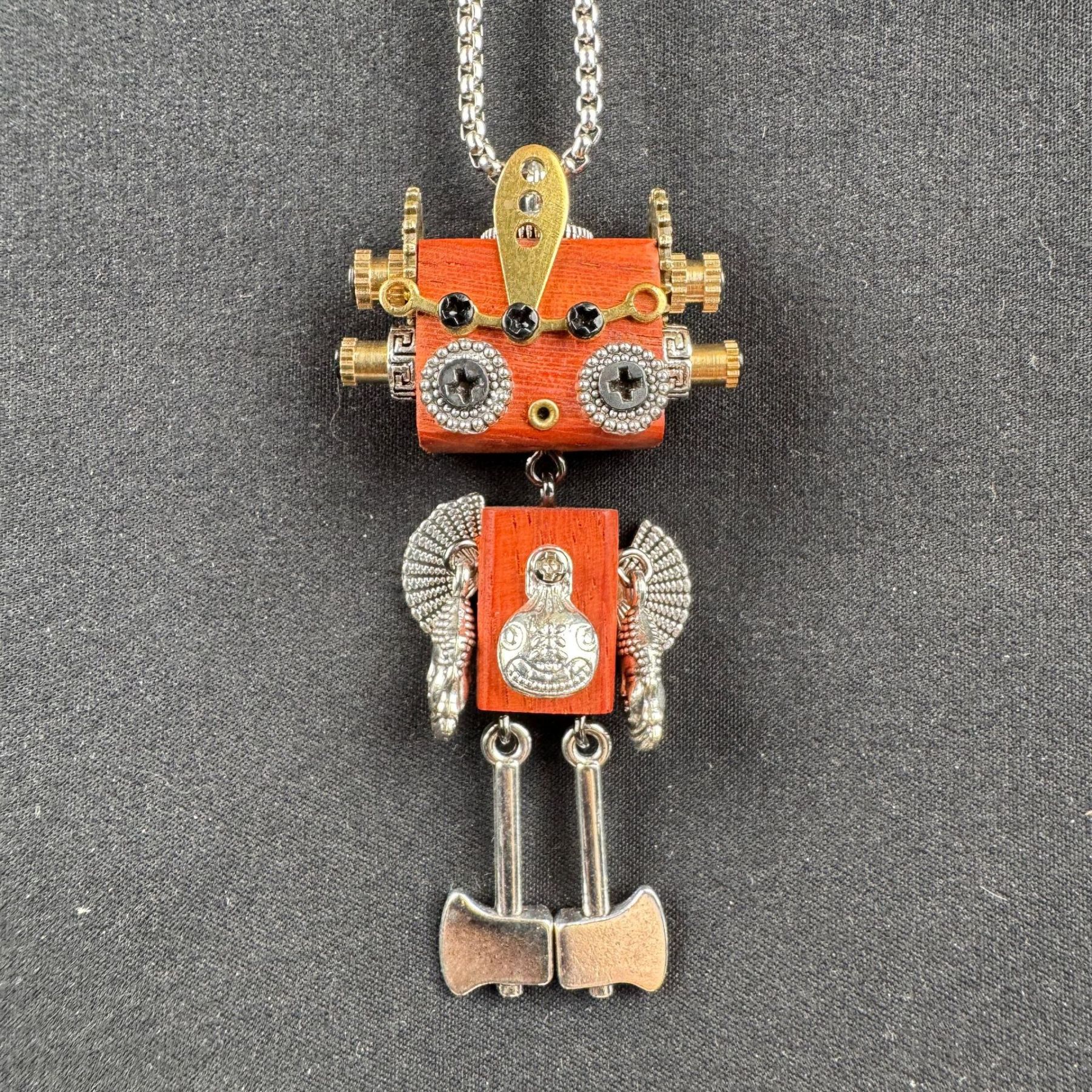 Handmade Punk Robot Pendant - Unique Wooden Necklace Charm & Keychain for Men and Women