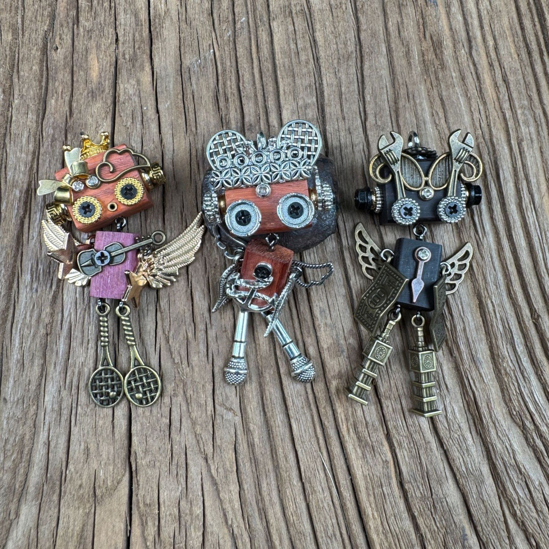 Handmade Punk Robot Pendant - Unique Wooden Necklace Charm & Keychain for Men and Women