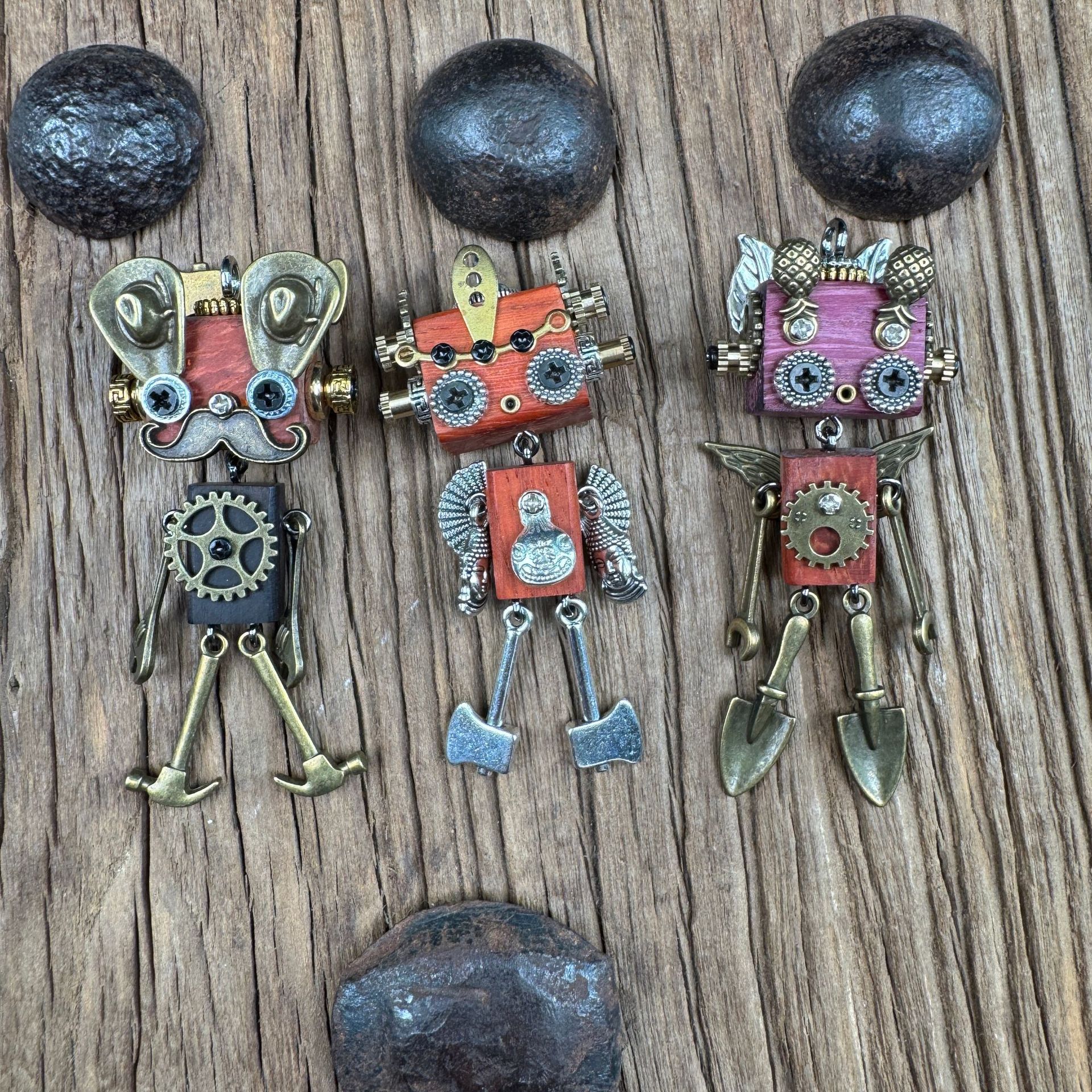 Handmade Punk Robot Pendant - Unique Wooden Necklace Charm & Keychain for Men and Women