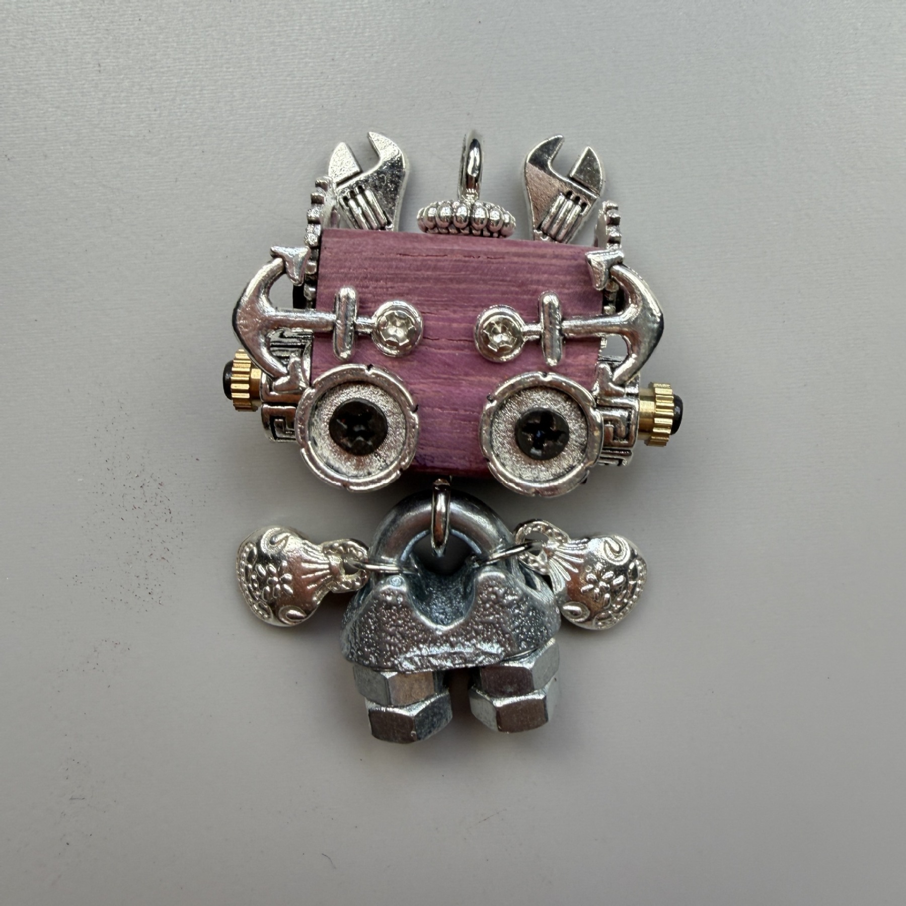 Wearable Industrial Bot - Handmade Steampunk Toy as Necklace Charm & Keychain, Unique Unisex Fashion Collectible