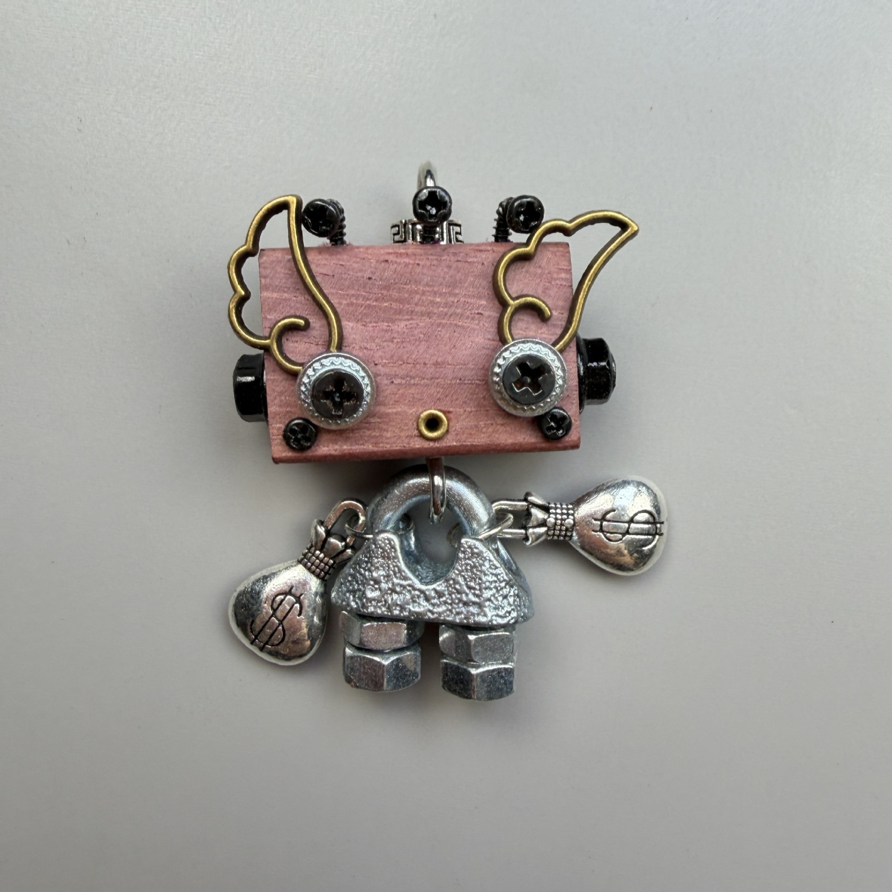 Wearable Industrial Bot - Handmade Steampunk Toy as Necklace Charm & Keychain, Unique Unisex Fashion Collectible