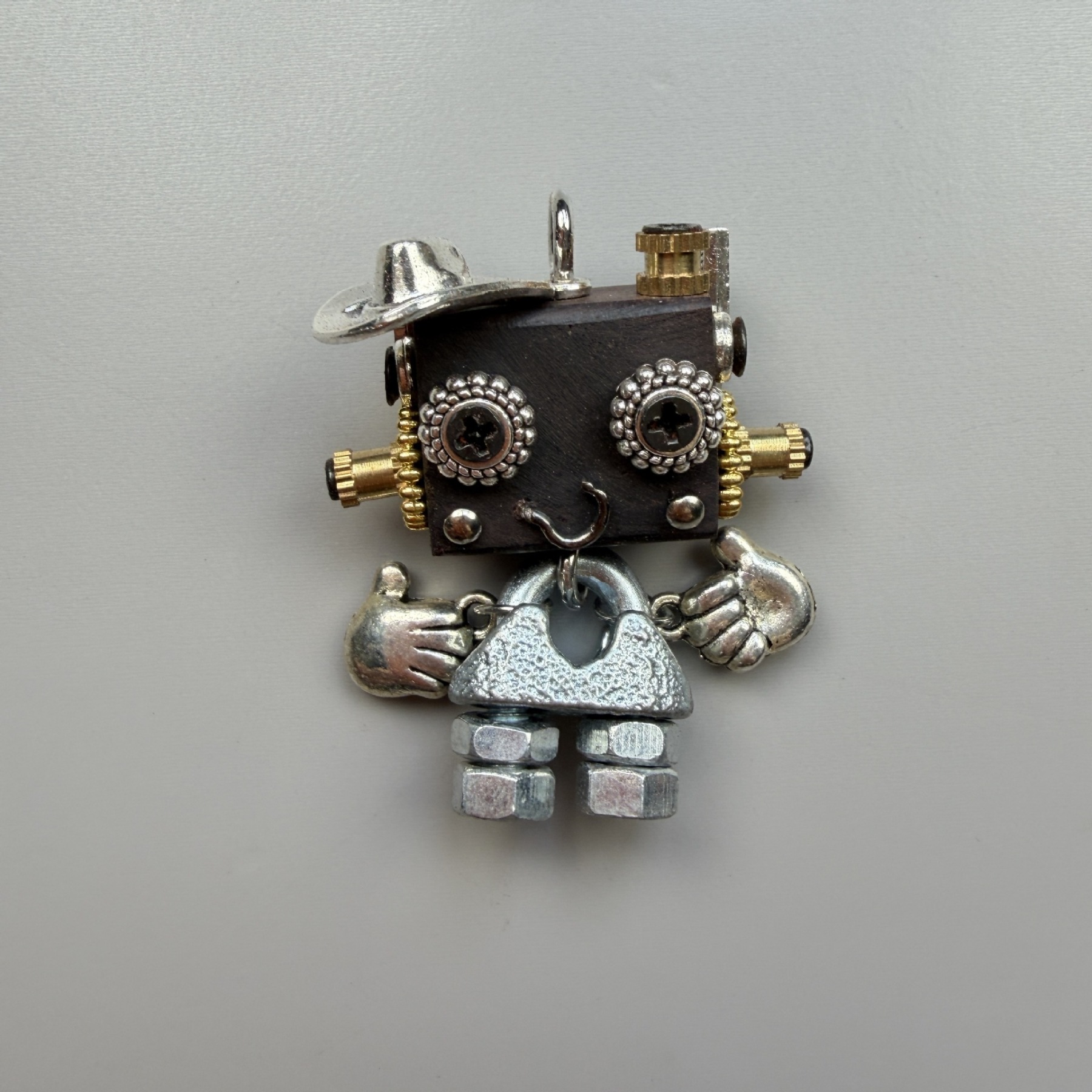 Wearable Industrial Bot - Handmade Steampunk Toy as Necklace Charm & Keychain, Unique Unisex Fashion Collectible