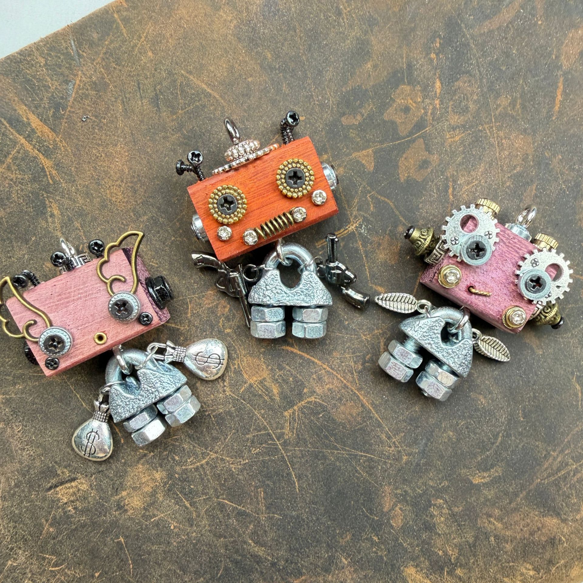 Wearable Industrial Bot - Handmade Steampunk Toy as Necklace Charm & Keychain, Unique Unisex Fashion Collectible