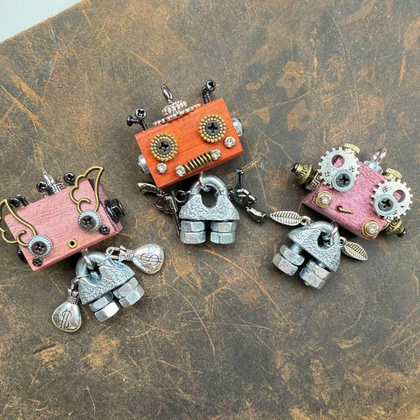 Wearable Industrial Bot - Handmade Steampunk Toy as Necklace Charm & Keychain, Unique Unisex Fashion Collectible
