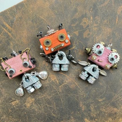 Wearable Industrial Bot - Handmade Steampunk Toy as Necklace Charm & Keychain, Unique Unisex Fashion Collectible