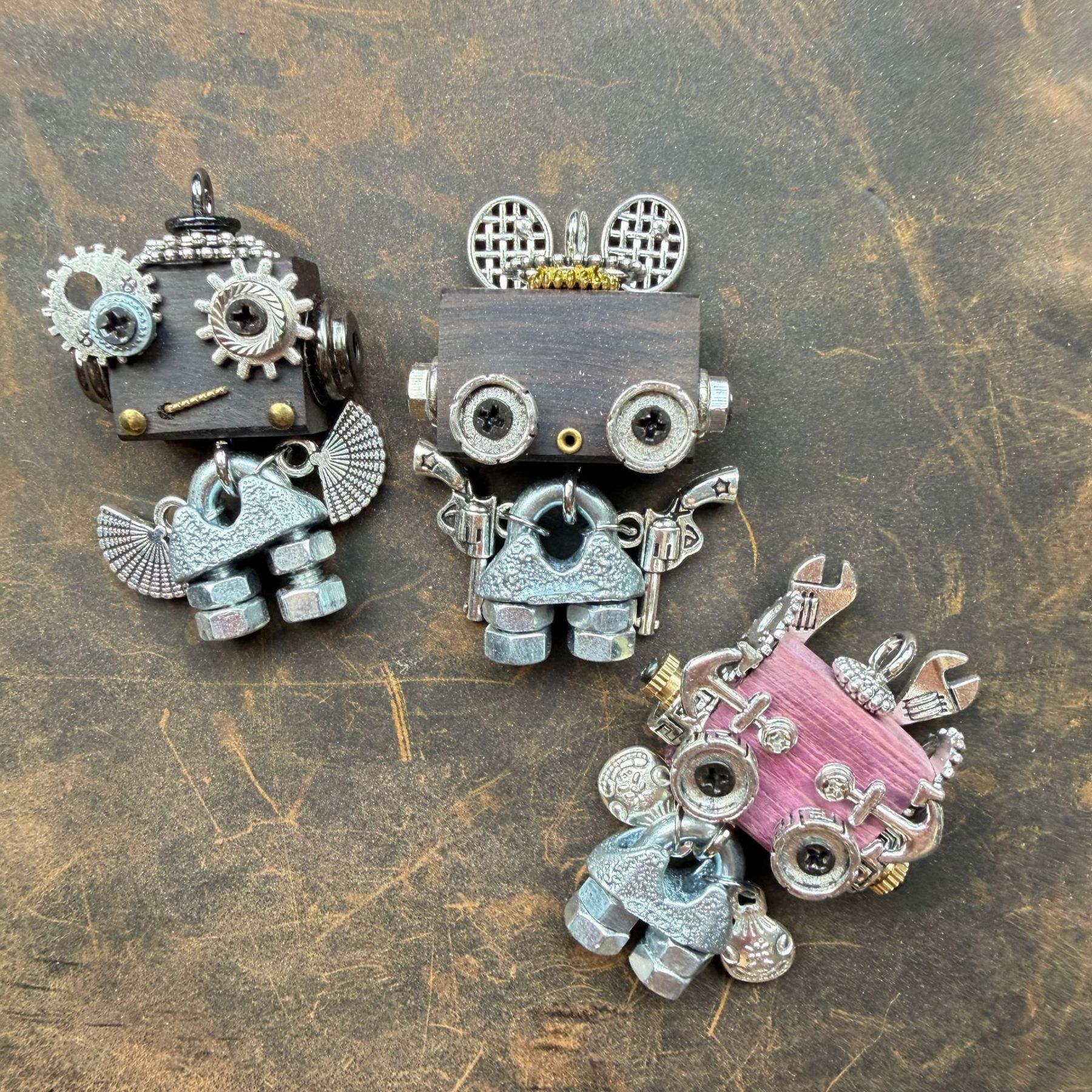 Wearable Industrial Bot - Handmade Steampunk Toy as Necklace Charm & Keychain, Unique Unisex Fashion Collectible