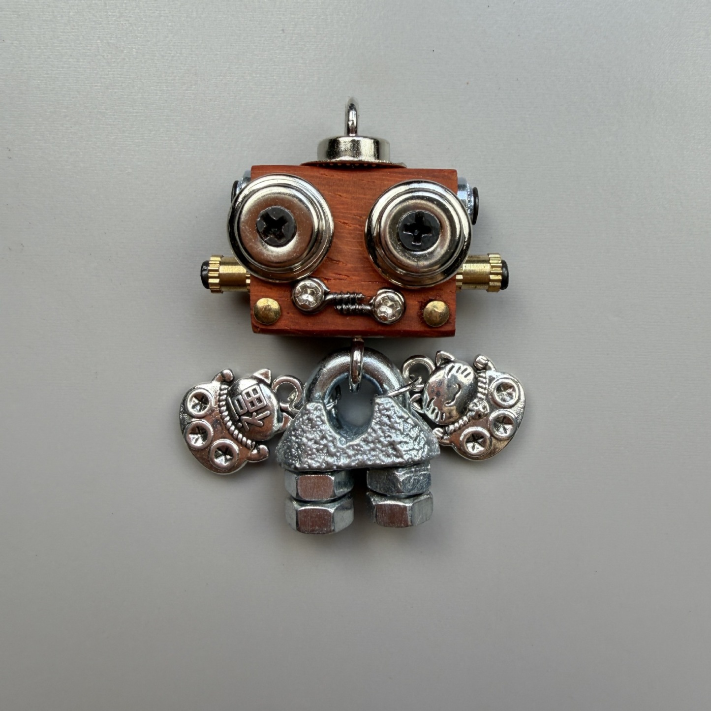 Wearable Industrial Bot - Handmade Steampunk Toy as Necklace Charm & Keychain, Unique Unisex Fashion Collectible