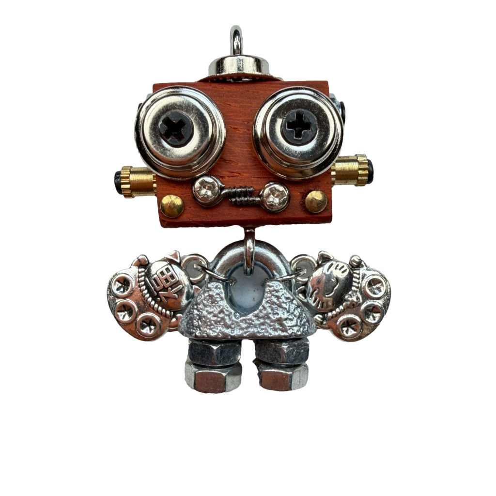 Wearable Industrial Bot - Handmade Steampunk Toy as Necklace Charm & Keychain, Unique Unisex Fashion Collectible
