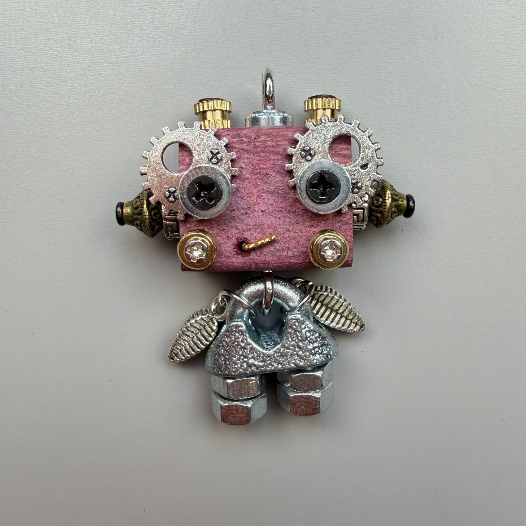 Wearable Industrial Bot - Handmade Steampunk Toy as Necklace Charm & Keychain, Unique Unisex Fashion Collectible