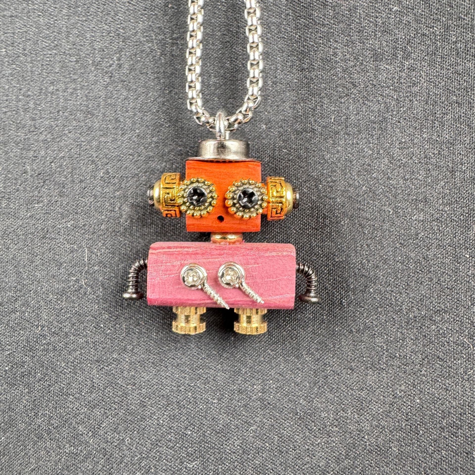 Globally-Inspired Punk Robot Charm - Handmade Wooden Pendant for Necklace or Keys, Unique Unisex Gift Idea