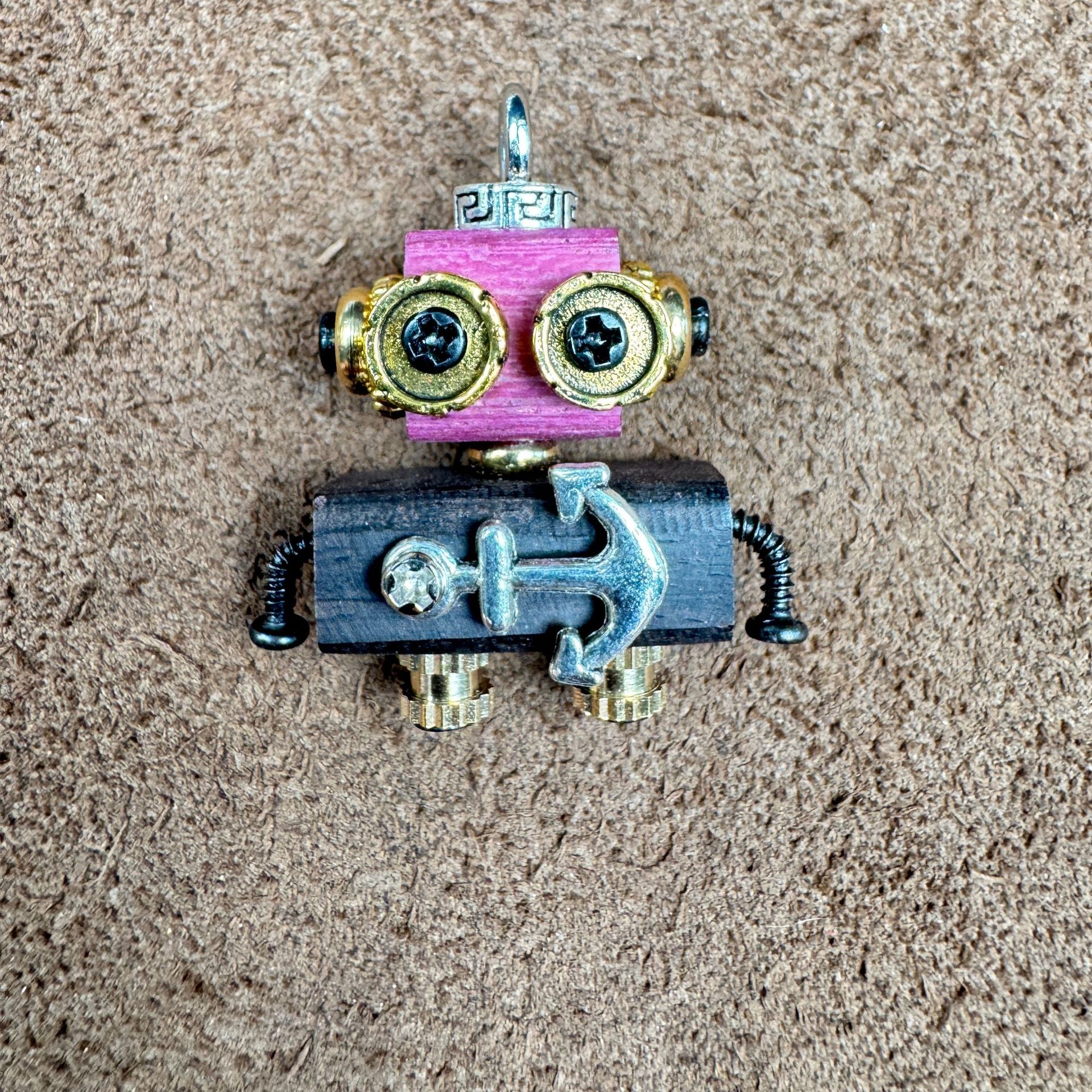 Globally-Inspired Punk Robot Charm - Handmade Wooden Pendant for Necklace or Keys, Unique Unisex Gift Idea