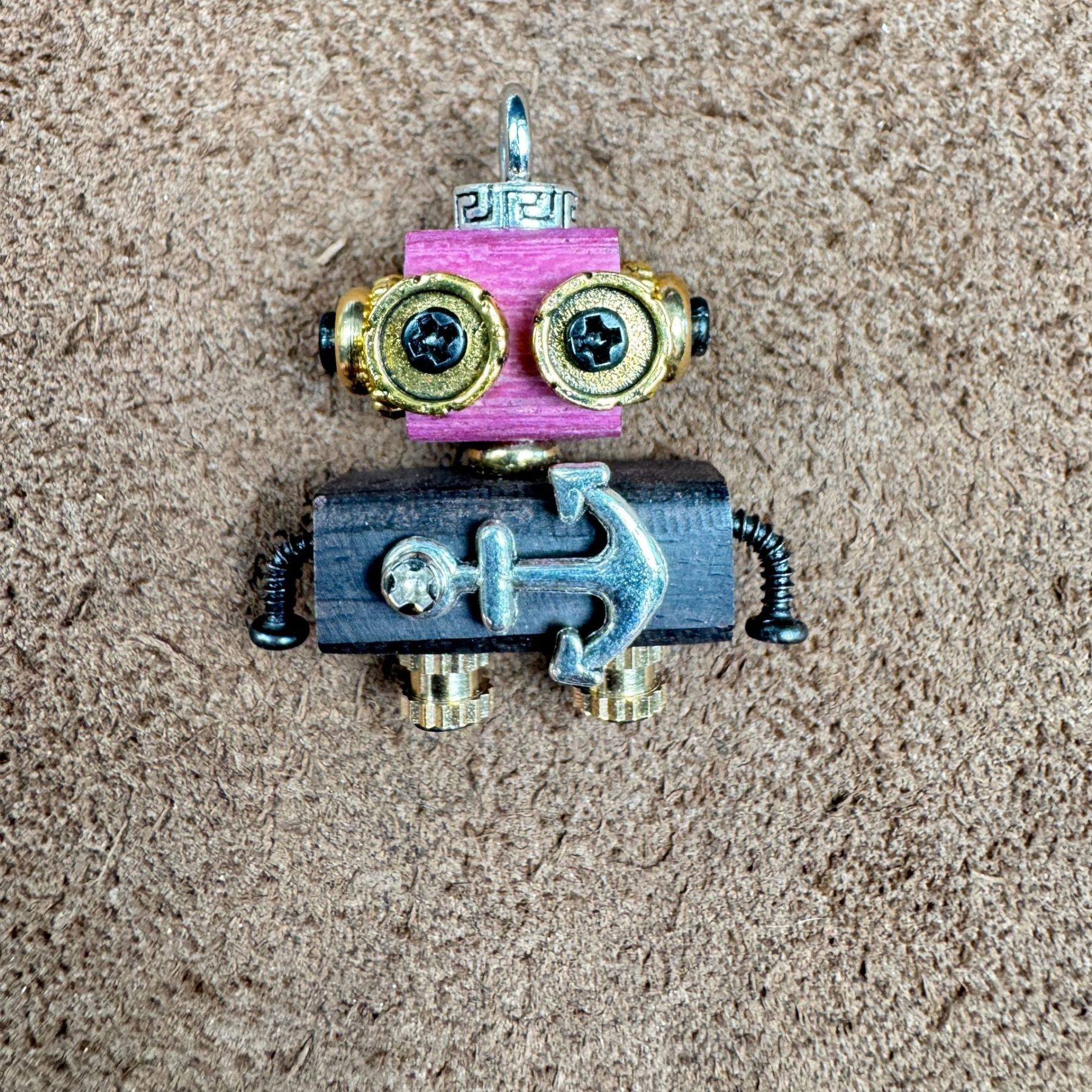 Globally-Inspired Punk Robot Charm - Handmade Wooden Pendant for Necklace or Keys, Unique Unisex Gift Idea