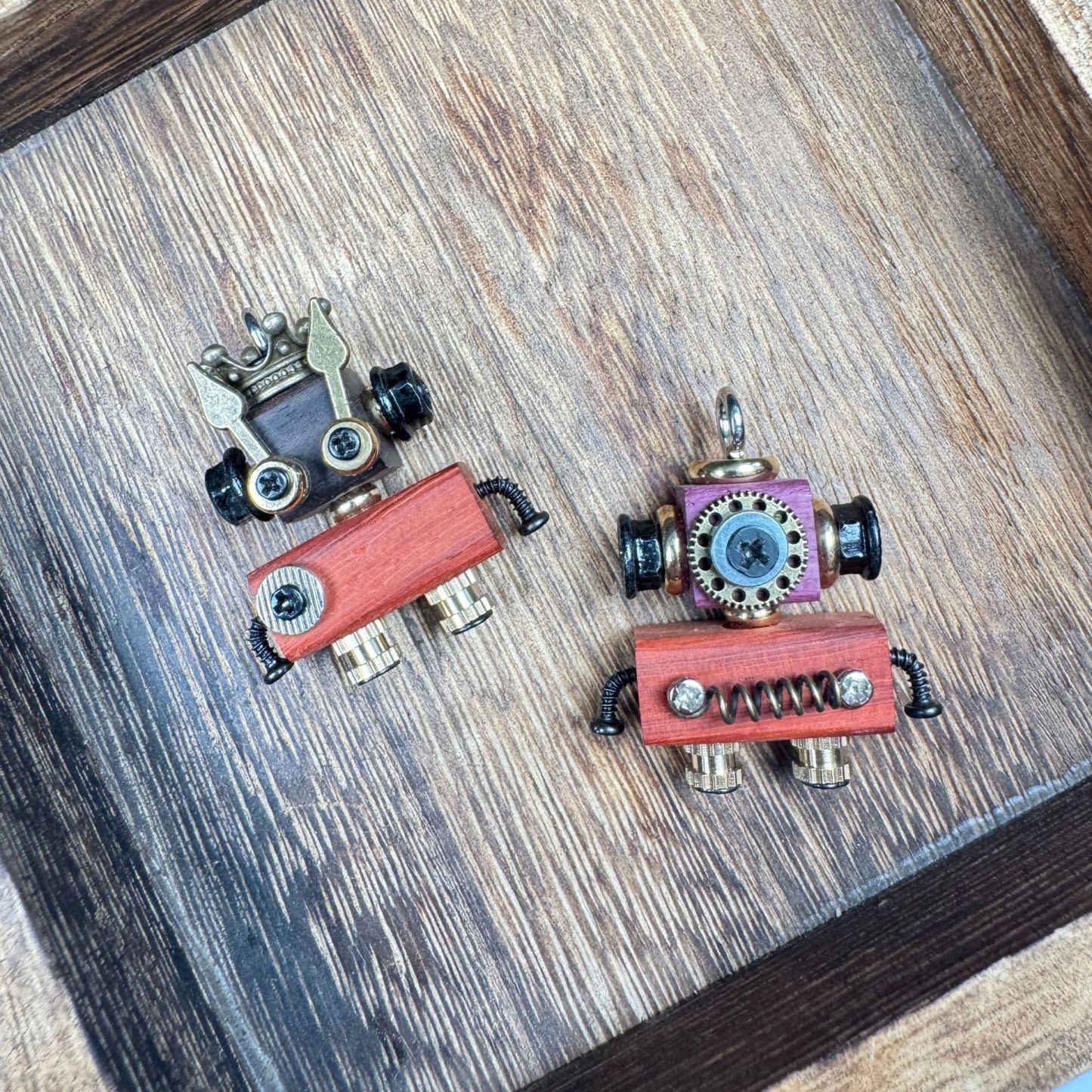 Globally-Inspired Punk Robot Charm - Handmade Wooden Pendant for Necklace or Keys, Unique Unisex Gift Idea