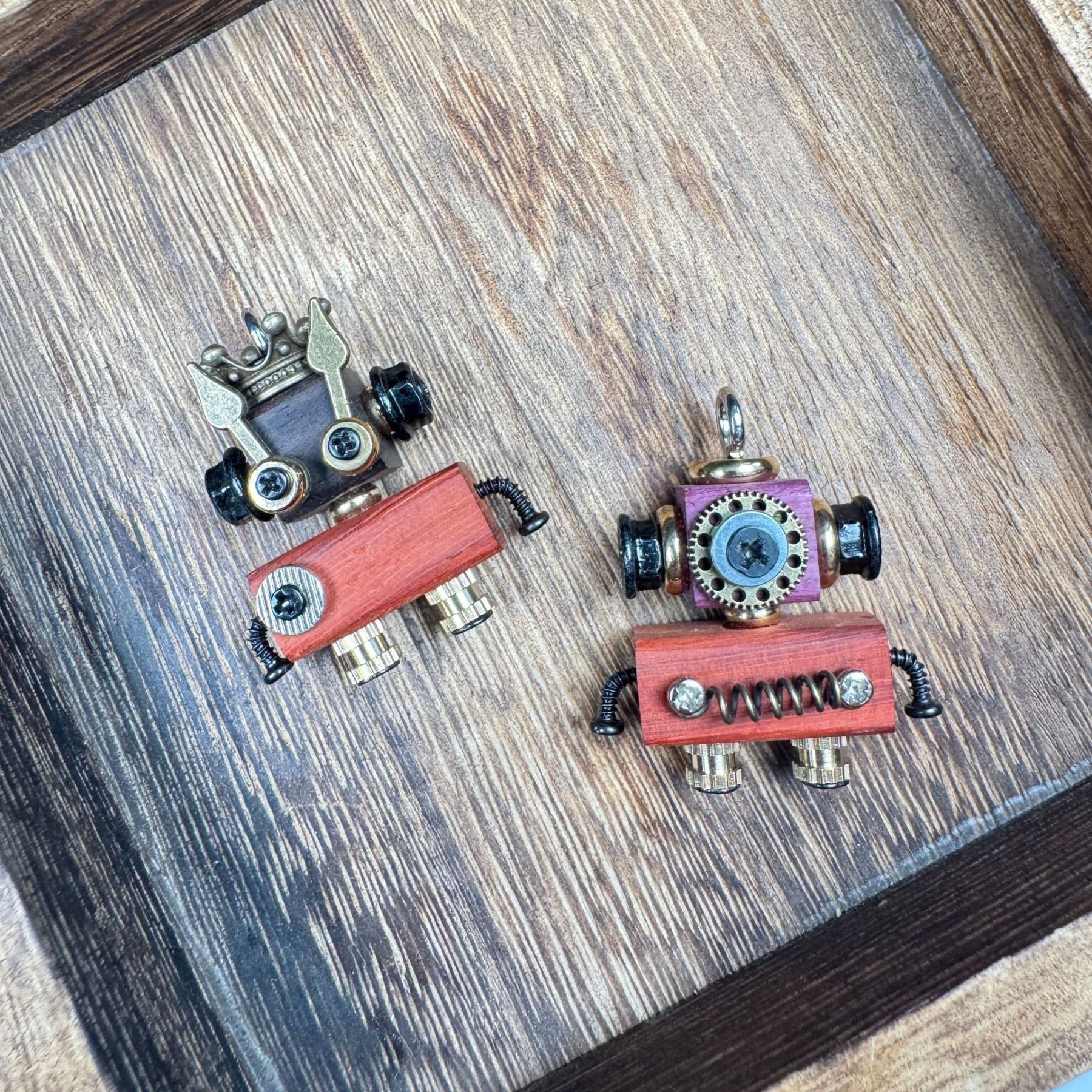 Globally-Inspired Punk Robot Charm - Handmade Wooden Pendant for Necklace or Keys, Unique Unisex Gift Idea