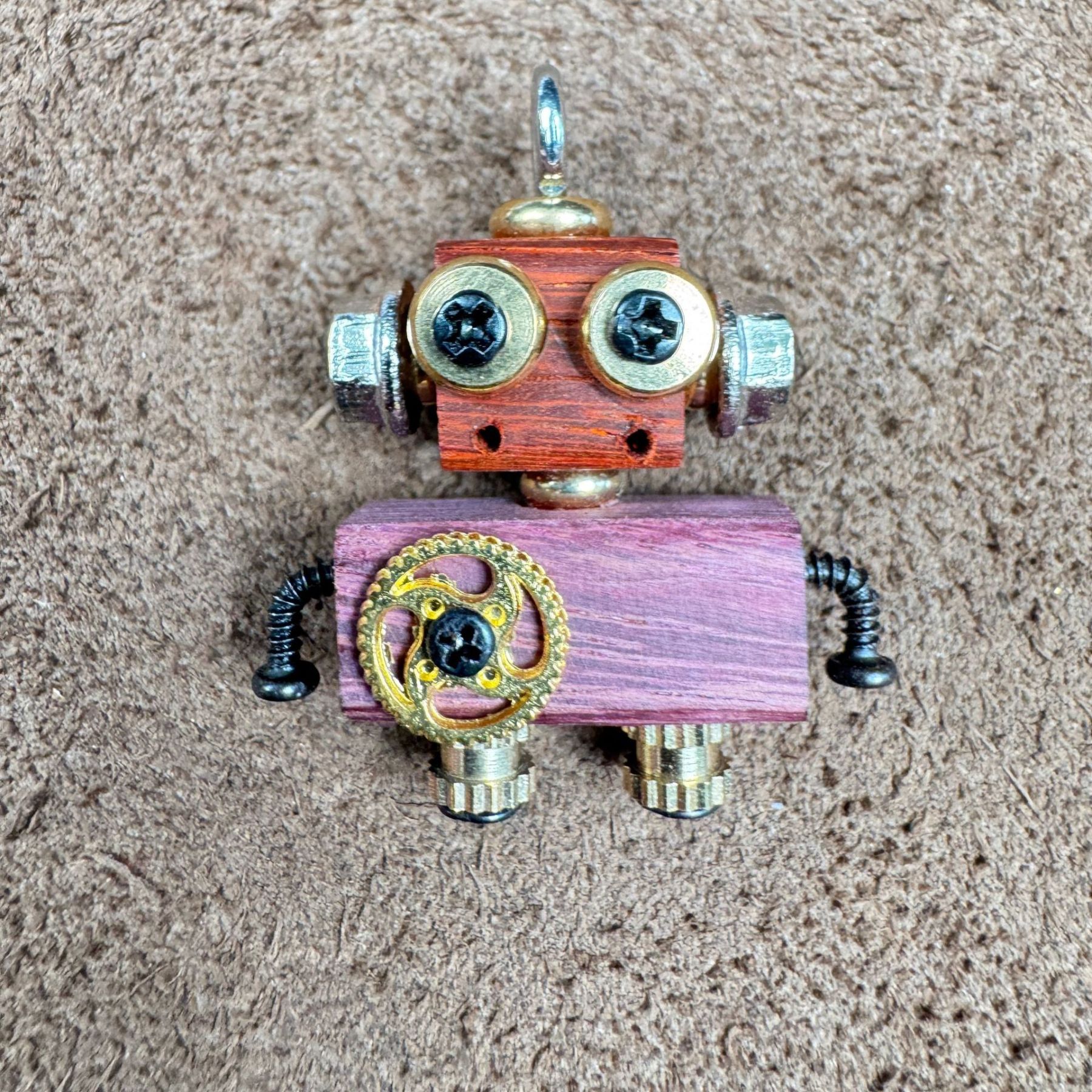 Globally-Inspired Punk Robot Charm - Handmade Wooden Pendant for Necklace or Keys, Unique Unisex Gift Idea