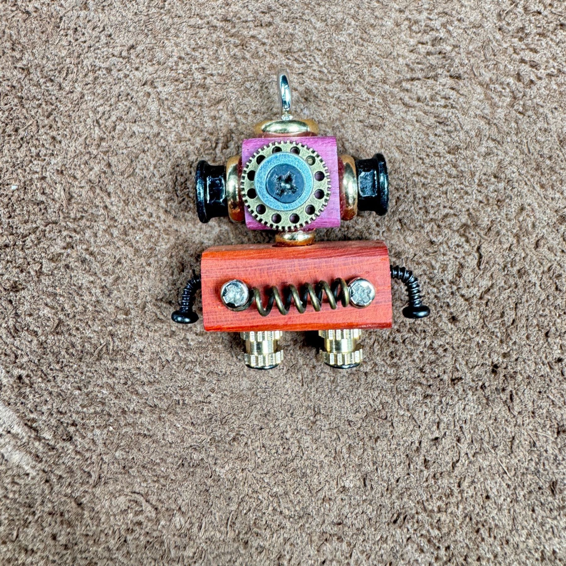 Globally-Inspired Punk Robot Charm - Handmade Wooden Pendant for Necklace or Keys, Unique Unisex Gift Idea