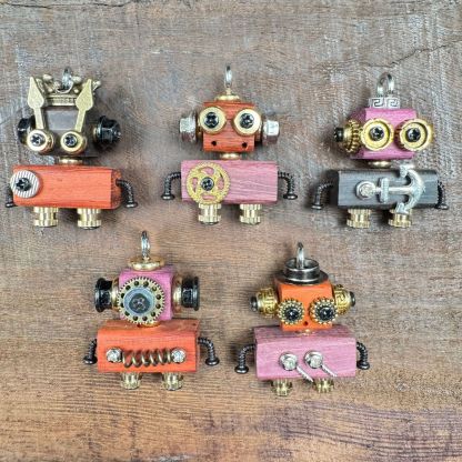 Globally-Inspired Punk Robot Charm - Handmade Wooden Pendant for Necklace or Keys, Unique Unisex Gift Idea