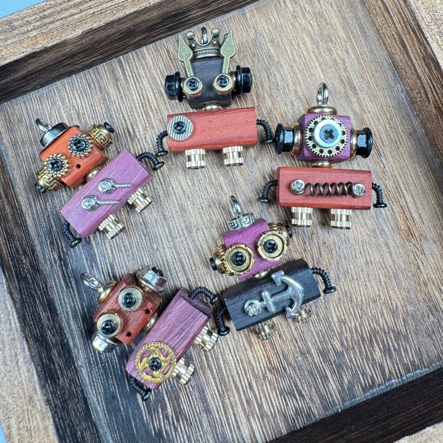 Globally-Inspired Punk Robot Charm - Handmade Wooden Pendant for Necklace or Keys, Unique Unisex Gift Idea