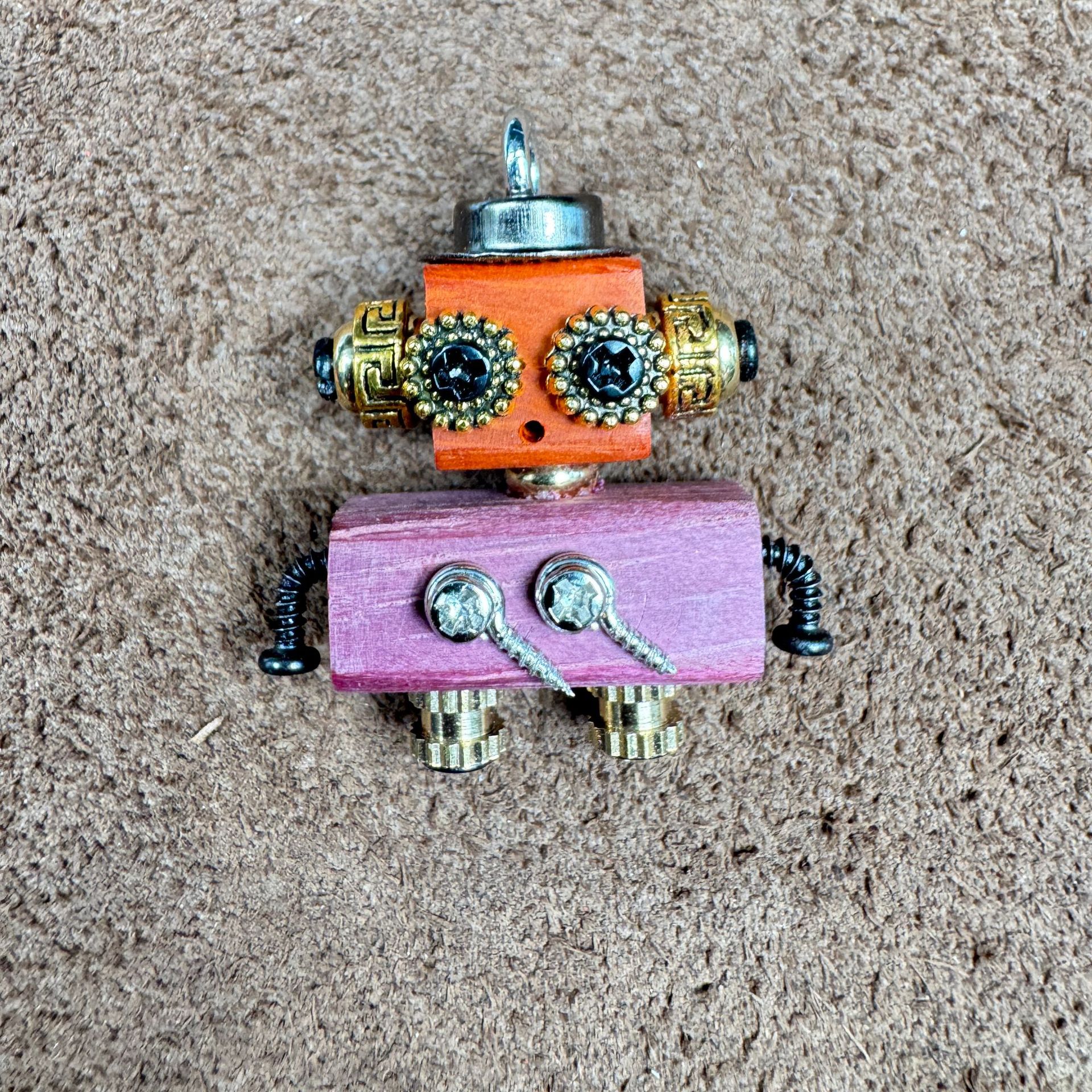 Globally-Inspired Punk Robot Charm - Handmade Wooden Pendant for Necklace or Keys, Unique Unisex Gift Idea