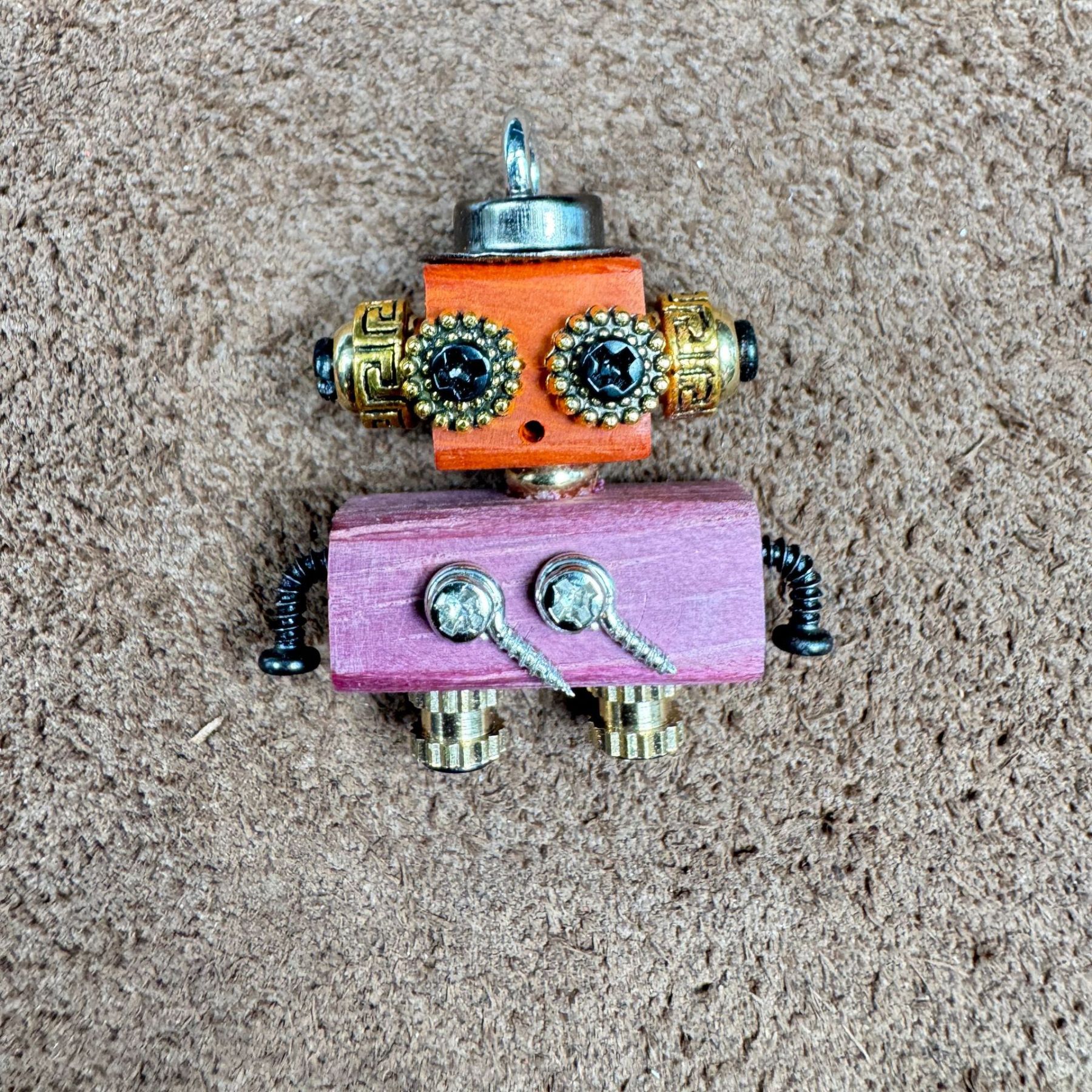 Globally-Inspired Punk Robot Charm - Handmade Wooden Pendant for Necklace or Keys, Unique Unisex Gift Idea