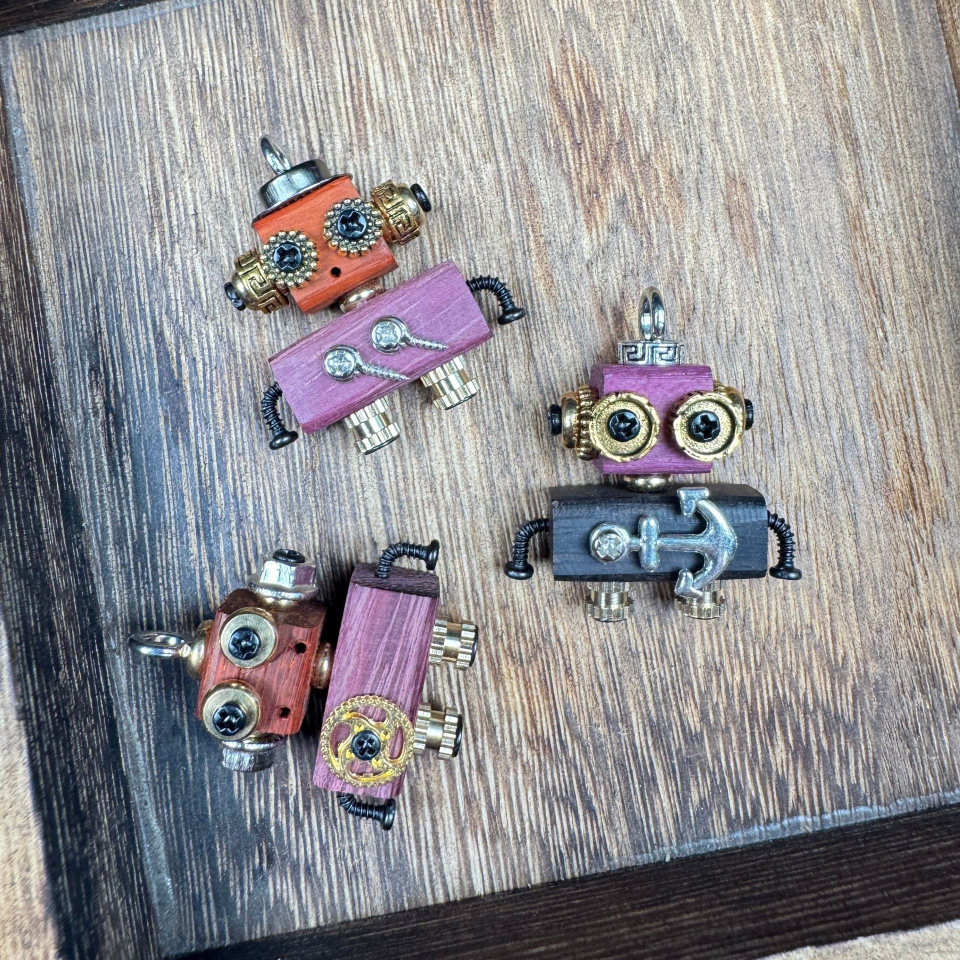 Globally-Inspired Punk Robot Charm - Handmade Wooden Pendant for Necklace or Keys, Unique Unisex Gift Idea