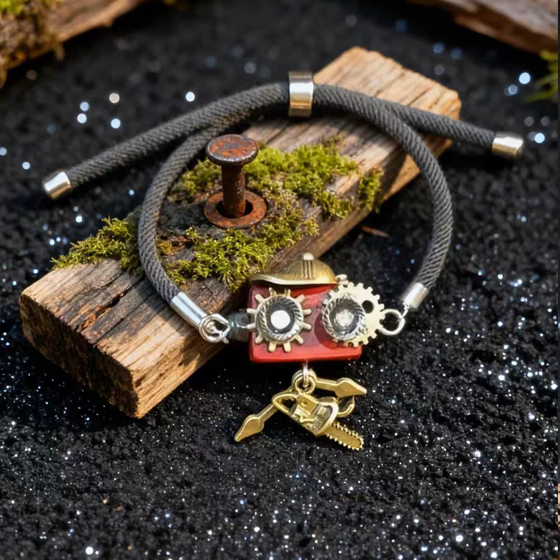 Handmade Steampunk Robot Keychain - Wood & Leather Necklace with Mechanical Heart, Unique Unisex Gift for Men Womenthday, Anniversary