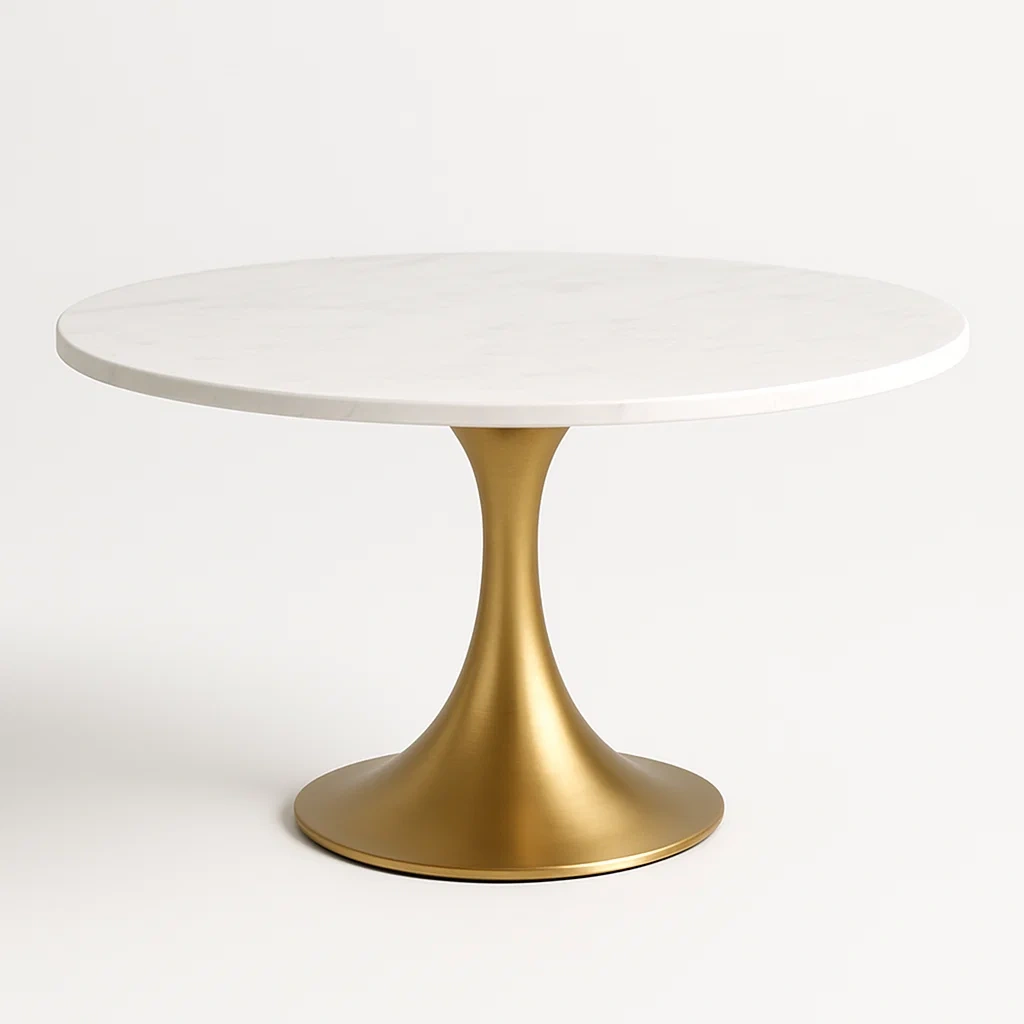 Sohvapöytä Pyöreä Marmoritasolla ja Metallijalalla halkaisija100 cm Korkeus 75 cm Valkoinen/Kulta