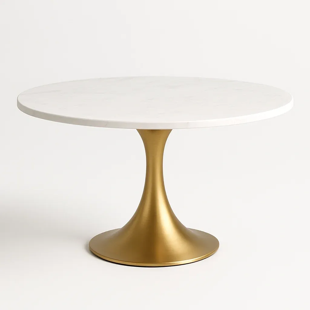 Sohvapöytä Pyöreä Marmoritasolla ja Metallijalalla halkaisija100 cm Korkeus 75 cm Valkoinen/Kulta