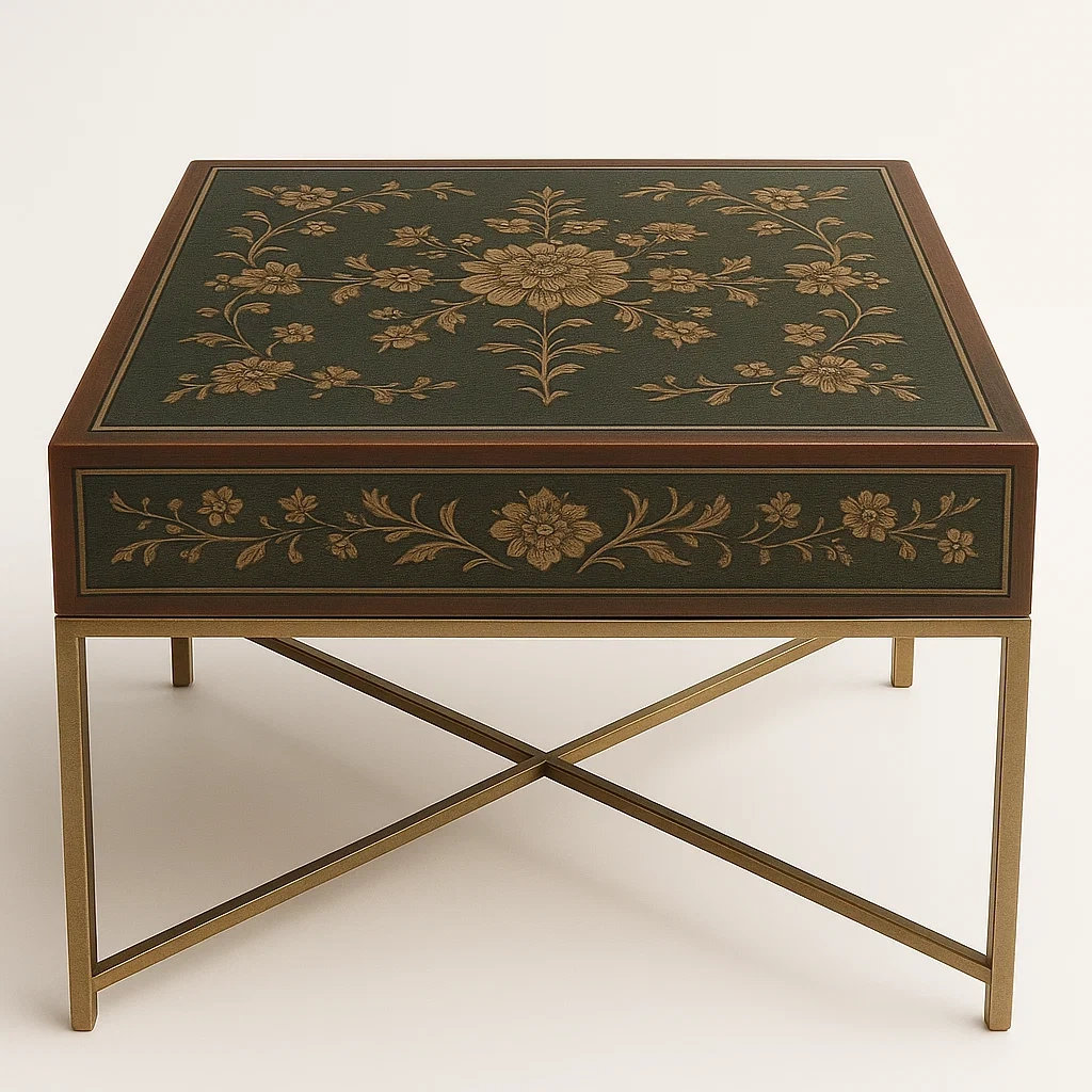 Sohvapöytä Neliömäinen Metallirunko Puusta Kukkakuvioilla 60 cm