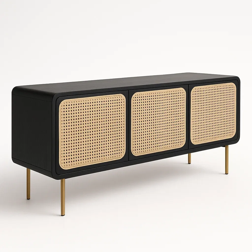 TV-taso Musta Matala Kaappi Kolmella Rottinkiovella Puu/Metalli 150x40x75 cm