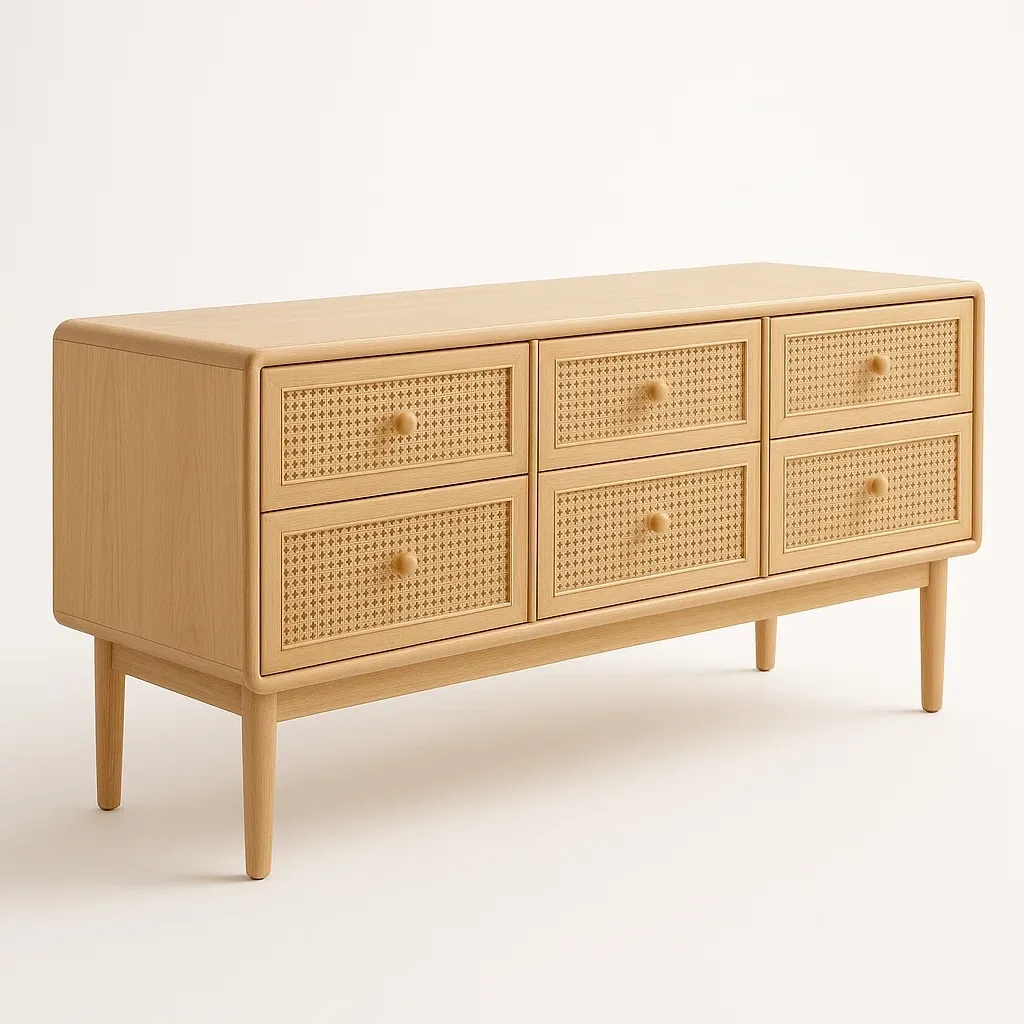 TV-taso Puinen Säilytyslaatikosto Kuudella Rottinkisella Laatikolla