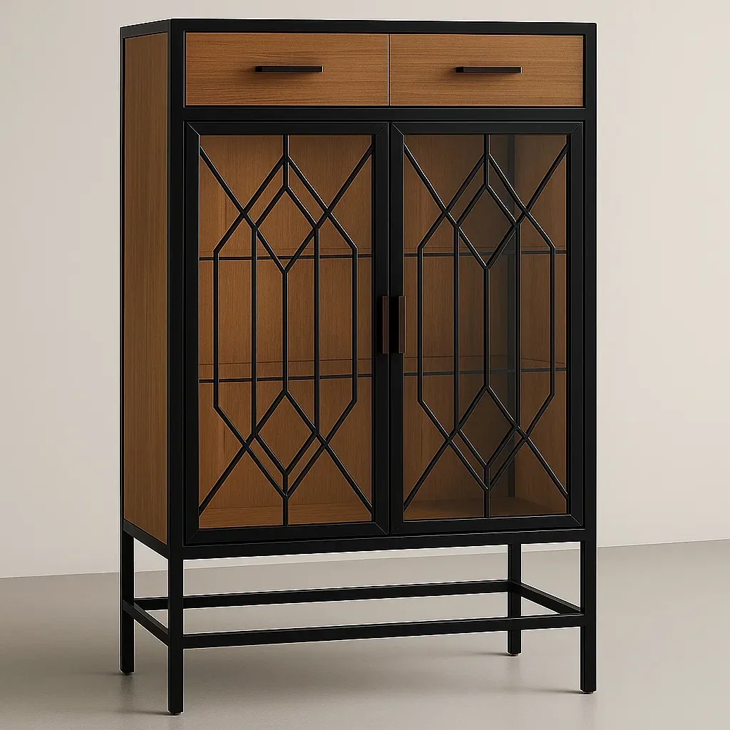 Vitriinikaappi Metallikehyksellä 2 Ovea 2 Vetolaatikkoa Geometrinen Kuvio 140x80x40 cm