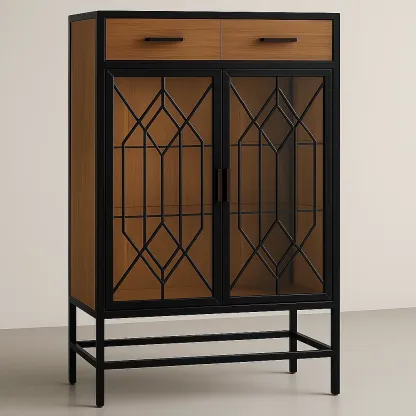 Vitriinikaappi Metallikehyksellä 2 Ovea 2 Vetolaatikkoa Geometrinen Kuvio 140x80x40 cm