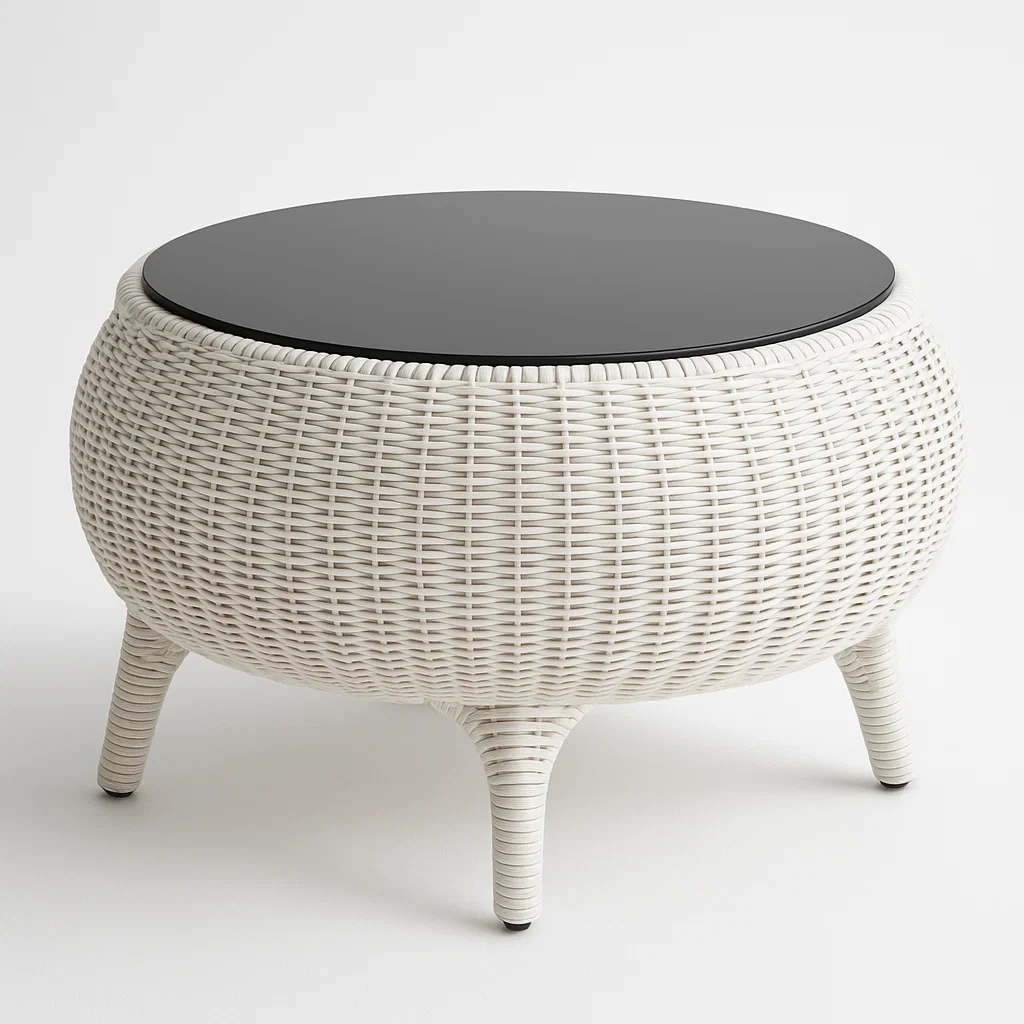 Puutarhan sohvapöytä Pyöreä Rottinki Karkaistulla Lasipöytälevyllä Valkoinen/Musta halkaisija80 cm Korkeus 45 cm