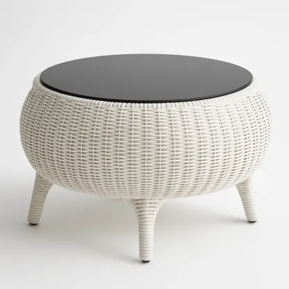 Puutarhan sohvapöytä Pyöreä Rottinki Karkaistulla Lasipöytälevyllä Valkoinen/Musta halkaisija80 cm Korkeus 45 cm