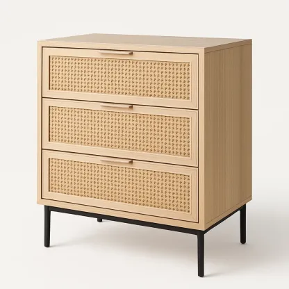 Lipasto kolmilaatikkoinen puinen ja rottinki 80x40x100 cm luonnonväri metallijalat