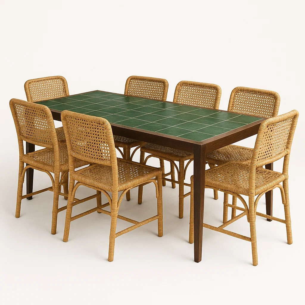 Puutarhapöytä ja tuolisetit Tiilipöytä ja Rottinkituolit Puinen Runko 180x90x75 cm Vihreä/Ruskea