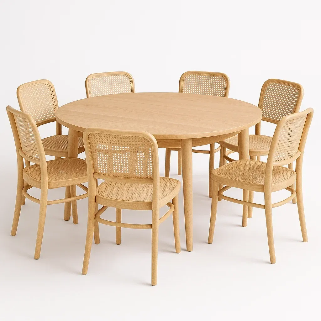 Puutarhapöytä ja tuolisetit Pyöreä 7 Rottinkituolilla Saarnista 120 cm