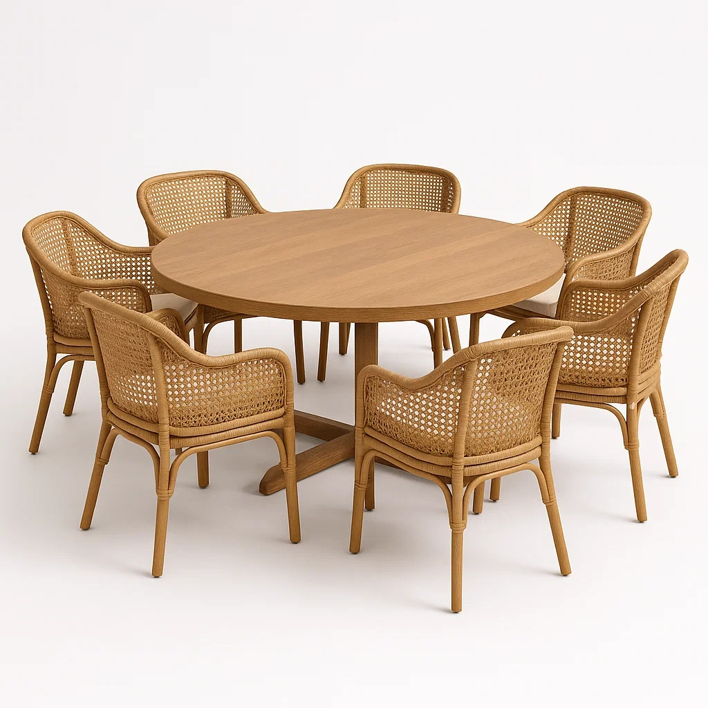 Puutarhapöytä ja tuolisetit Pyöreä Puupöytä ja 7 Rottinkituolia Setti