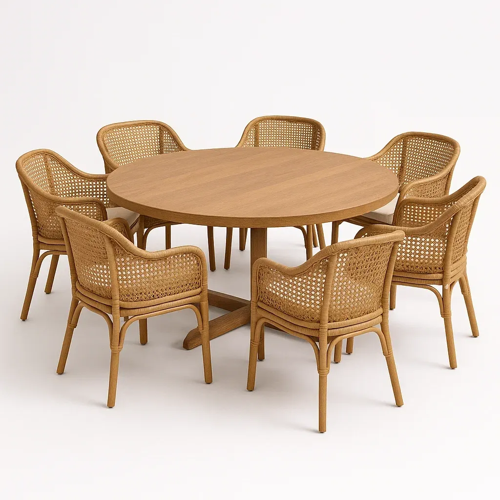 Puutarhapöytä ja tuolisetit Pyöreä Puupöytä ja 7 Rottinkituolia Setti