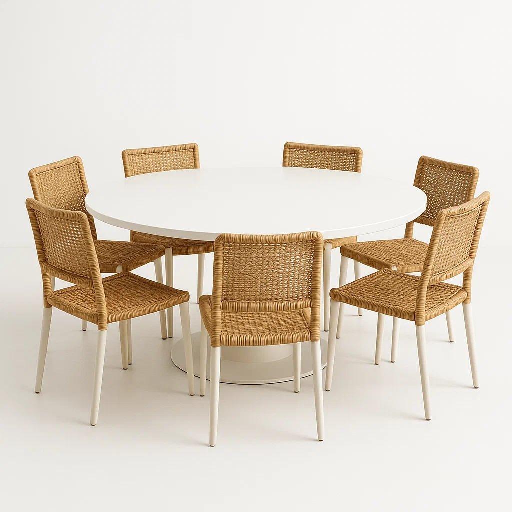 Puutarhapöytä ja tuolisetit Pyöreä Ruokapöytä ja Tuolisetti 7 Hengelle Valkoinen Pöytälevy ja Polyrottinkituolit