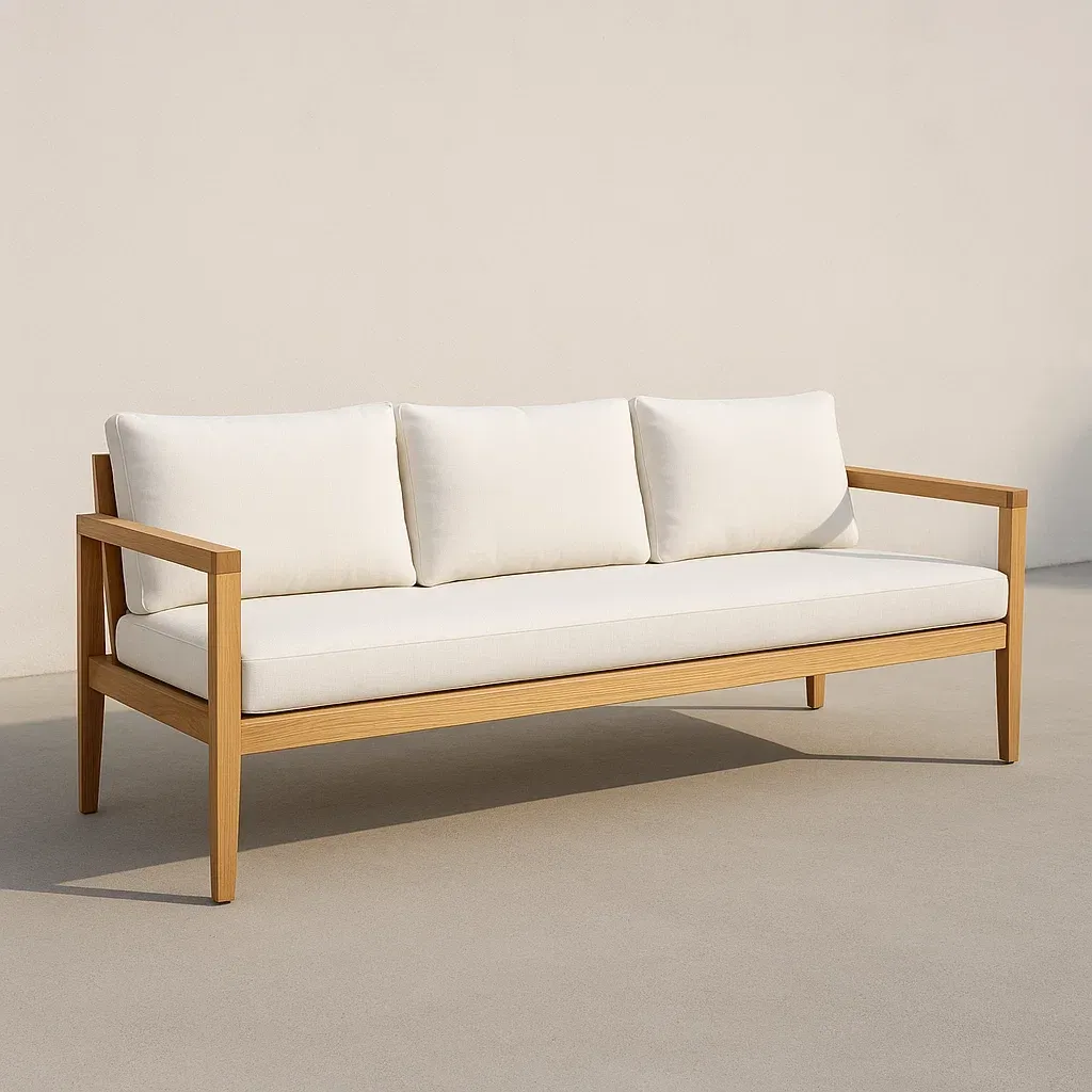 Puutarhasohvat Kolmen Istuttava Ulkosofta Vaalealla Polyesterikangaspäällisellä ja Puisella Rungolla, Mitat 200x70x80 cm